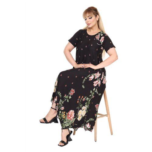 Melsay Butik Siyah Sulu Pembe Çiçek Desen Asimetrik Kısa Kollu Elbise