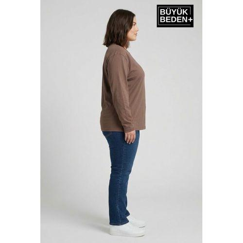 Kadın Büyük Beden Uzun Kollu 2 İplik Bisiklet Yaka Tişört