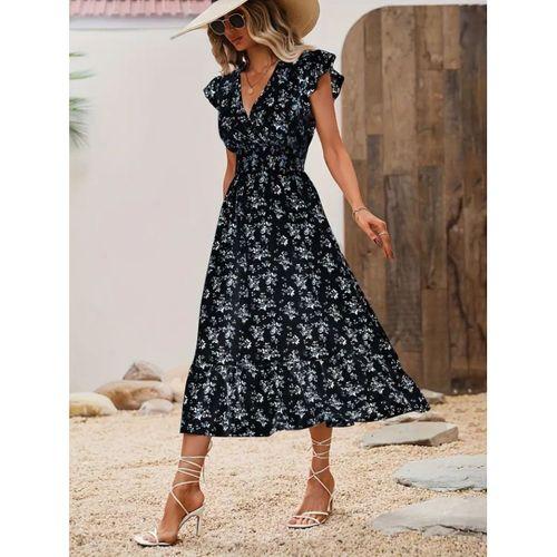 Kadın Kısa Kollu Kruvaze Yakalı Beli Lastikli çiçek Desenli Elbise