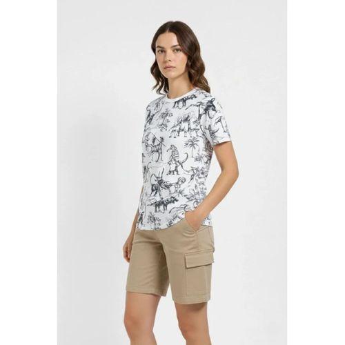 Beyaz Dinozor Desenli Tişört – Regular Kalıp, Bisiklet Yaka, Dijital Baskılı Pamuklu T-Shirt - Beyaz