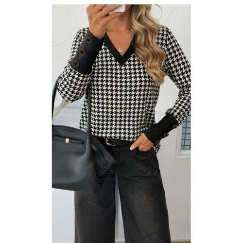 Kadın Uzun Kollu V Yakalı Desenli Süprem Bluz