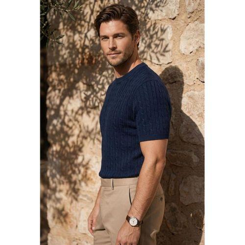 Walsh Saç Örgü Desenli Bisiklet Yaka İnce Triko Erkek T-Shirt - Lacivert