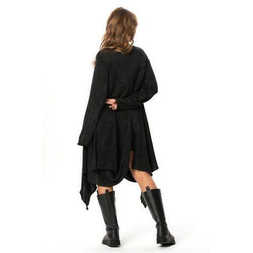 Uzun Kol Handan Asimetrik Kesim Sonbahar ve Kışlık Dökümlü Midi Boy Triko Elbise Füme Fm