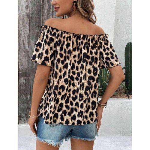 Kadın Madonna Yaka Fırfırlı Leopar Desenli Mikro Kumaş Bluz