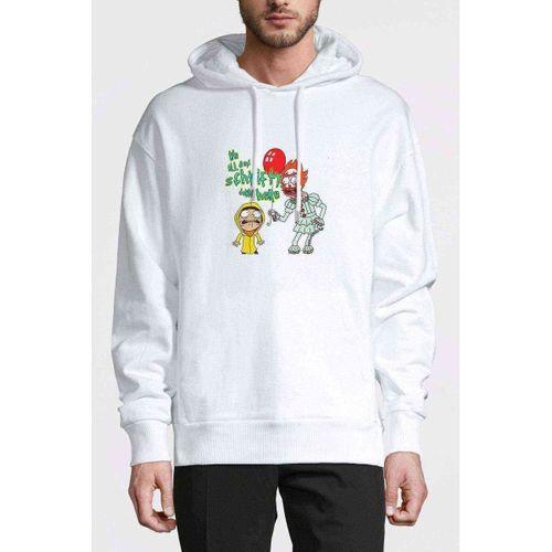 We All See And Morty Clown Baskılı Beyaz Erkek Kapşonlu Sweatshirt