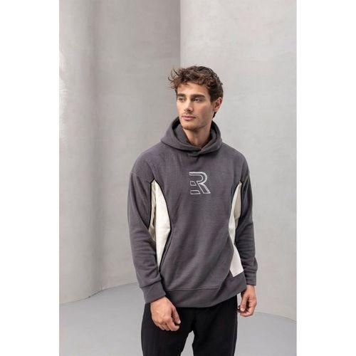 Frank Parçalı Kontrast Desenli Kapüşonlu Oversize Cepli Polar Erkek Sweatshirt - Füme