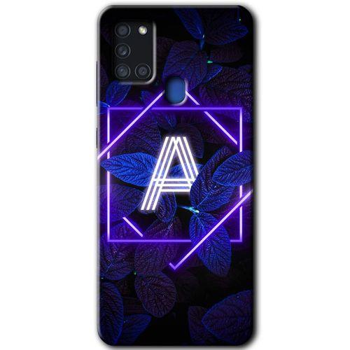 Samsung Galaxy A21s Kılıf Baskılı Kapak - Dark Neon Yaprak A Harfi + 5D Tam Kaplayan Cam