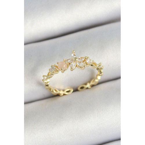 Pirinç Papatya Figürlü Zirkon Taşlı Gold Renk Ayarlanabilir Kadın Yüzük