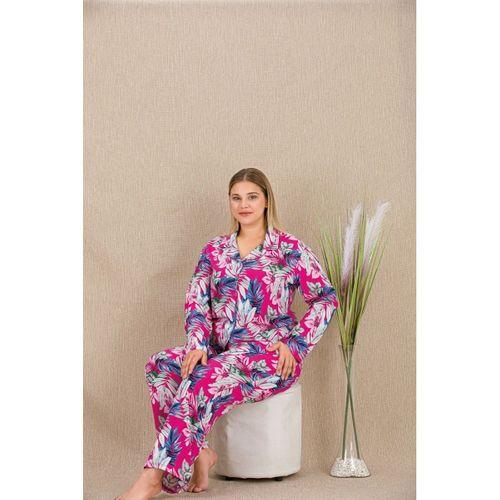 Büyük Beden Renkli Yaprak Desenli Düğmeli Uzun Kol Viskon Pijama Takımı