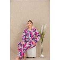Büyük Beden Renkli Yaprak Desenli Düğmeli Uzun Kol Viskon Pijama Takımı