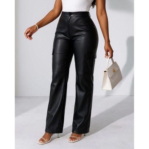 Kadın Yüksek Bel önden Fermuarlı Yandan Cep Detaylı Deri Kargo Pantolon