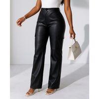 Kadın Yüksek Bel önden Fermuarlı Yandan Cep Detaylı Deri Kargo Pantolon