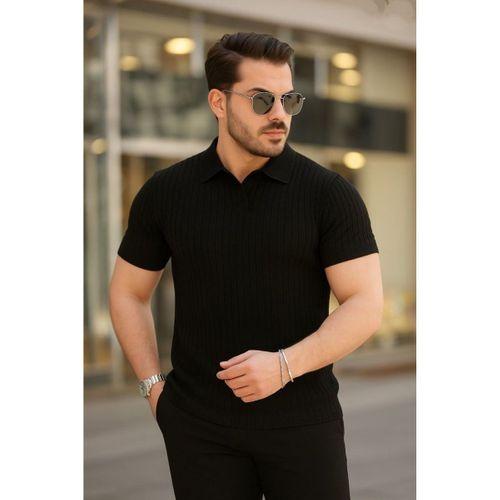 Erkek Kısa Kollu Yakalı çizgi Desenli Triko Bluz