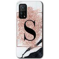 Xiaomi Mi 10T Kılıf HD Desen Baskılı Arka Kapak + Temperli Cam - Pembe Mermer Desenli S Harfi