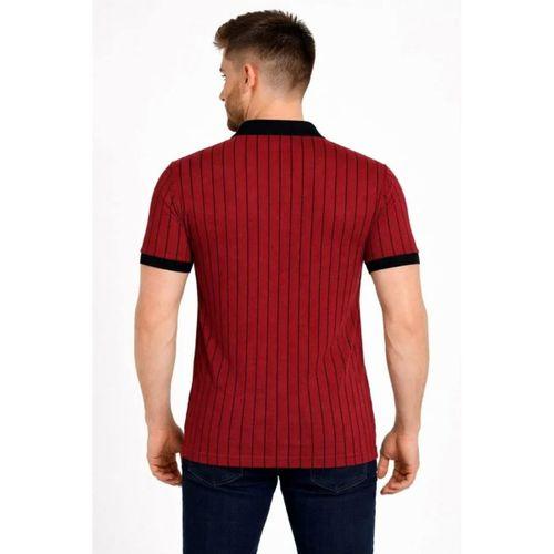Erkek Polo Yaka Çizgili Tişört Kısa Kol Düğmeli Yazlık T-Shirt - Bordo