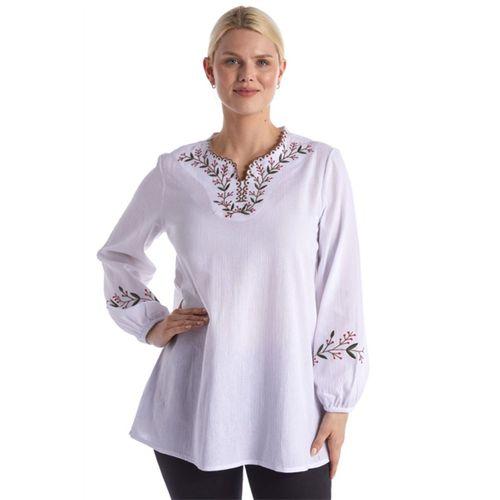 Şile Bezi Uzun Kol Beyaz Nakış Detaylı V Yaka Yazlık Otantik Bluz