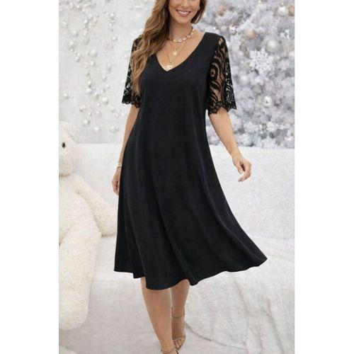 Kadın Kısa Dantel Kollu V Yakalı Midi Viskon Elbise