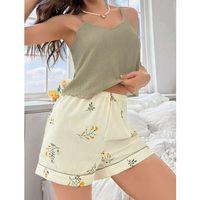 Kadın Ekru Çiçek Baskılı Şortlu Gecelik Pijama Takımı 5099