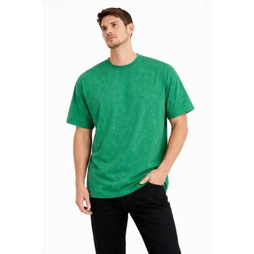 Erkek Asit Yıkama Bisiklet Yaka Kısa Kollu Oversize T-Shirt Tişört - Yeşil