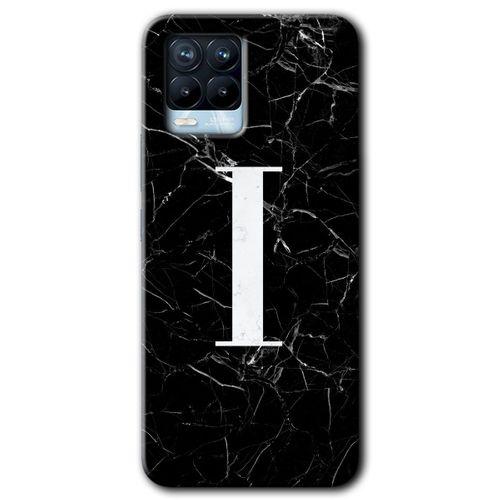 MRCİLETİSİM Realme 8 Kılıf Baskılı Kapak - Siyah Mermer Desenli I Harfi + 5D Tam Kaplayan Cam