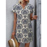 Kadın Kısa Kollu çentik Yaka çiçek Desenli Keten Elbise