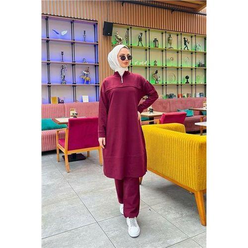 Dik Yaka Kısa Fermuarlı Yırtmaçlı Sade Basic Uzun Tunik ve Pantolon İkili Spor Takım - 03062.009 - Bordo