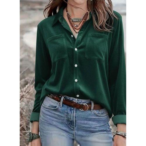 Kadın Uzun Kollu Yakalı önden Düğmeli Cep Detaylı Kadife Gömlek