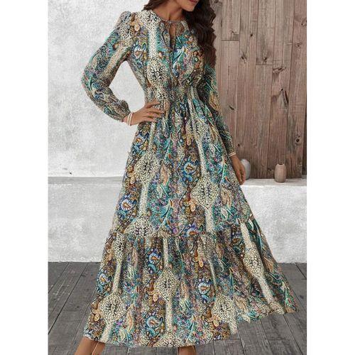 Kadın Uzun Kollu Uakadabağcıklı Beli Lastikli Desenli Uzun Süprem Elbise