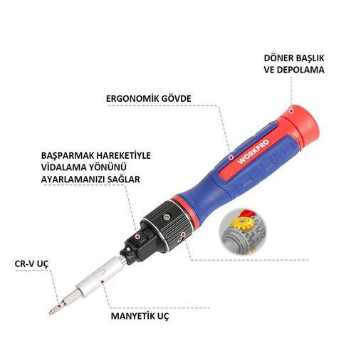 WORKPRO WP221070 9-IN-1 Profesyonel CR-V Cırcırlı Manyetik Hassas Tornavida Seti