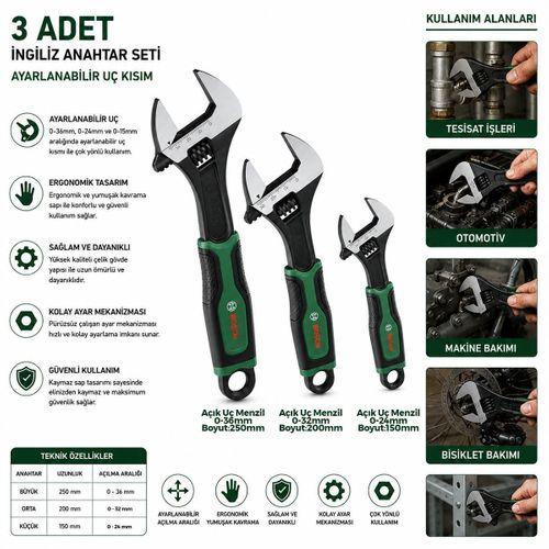 İngiliz Anahtar ve Kurbağacık Seti 3 Parça (6"-8"-10" / 150-200-250 mm)