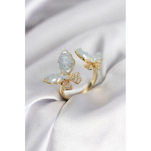 Gold Renk Mavi Kelebek Model Zirkon Taşlı Kadın Yüzük