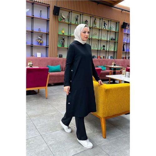 Kapşonlu Yandat Çıtçıtlı Sade Basic Uzun Tunik ve Pantolon İkili Spor Takım - 03071.003 - Siyah
