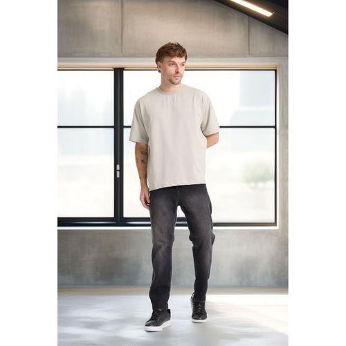 İki İplik Kumaş Pamuklu Bisiklet Yaka Basic Oversize Erkek T-Shirt - Mineral Gri