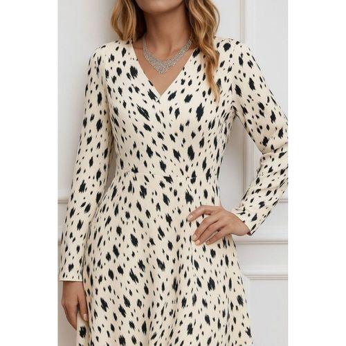 Kadın Uzun Kollu V Yakalı Desenli Kısa Keten Elbise