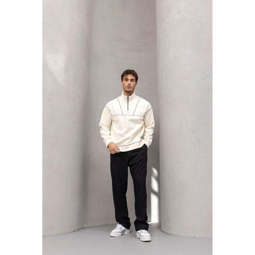 Crowe Şerit Detaylı Yarım Fermuar Polar Sweatshirt Ekru - Bezayağı Kumaş Pantolon Siyah