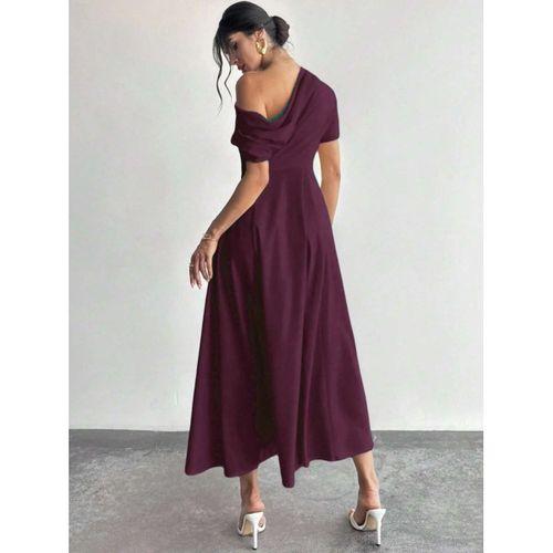 Kadın Omuzdan Açık Kısa Kollu Omuzdan Pileli Uzun Janjan Krep Elbise