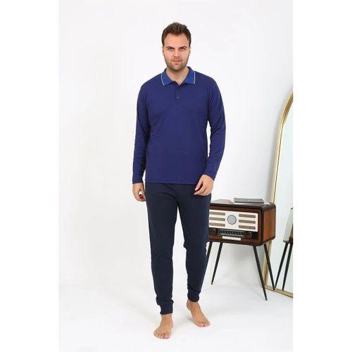 Erkek Polo Yaka Uzun Kol Penye Pijama Takımı Lacivert