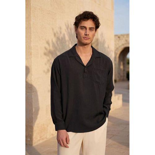 Sartre Apaş Yaka Tek Cepli İnce Modal Kumaş Oversize Uzun Kollu Yazlık Gömlek - Siyah