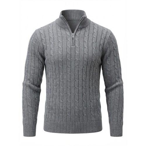 Bardem Saç Örgülü Yarım Fermuar Erkek Triko Kazak - Füme