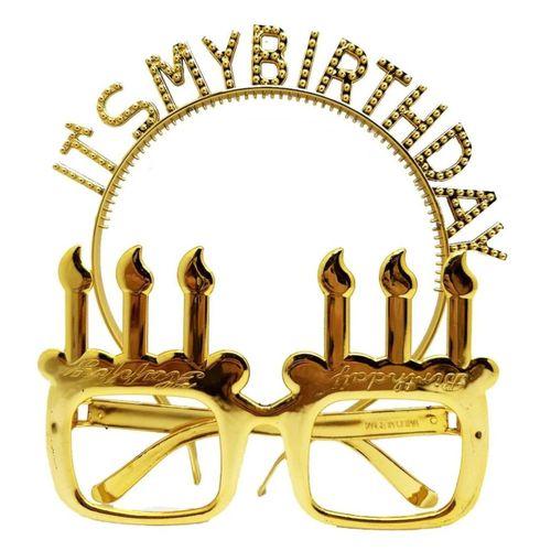 Çocuk İt&amp;#39;sMyBirthdayYazılıTaçveMumŞekilliGözlükSetiAltınRenk