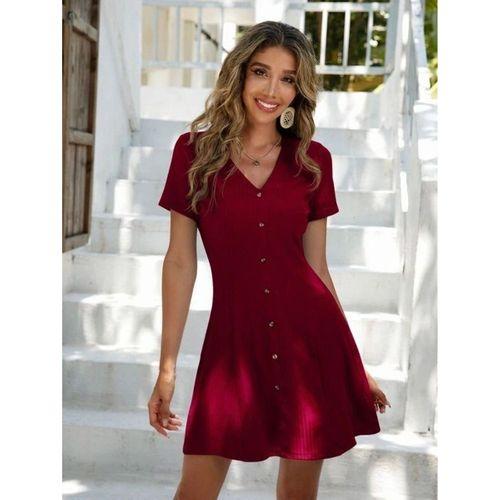 Kadın Kısa Kollu V Yaka önü Düğmeli Viskon Elbise