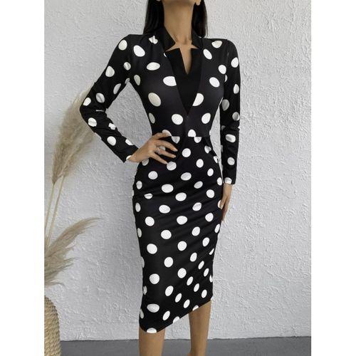 Kadın Uzun Kollu V Yaka Puantiyeli Krep Midi Boy Elbise