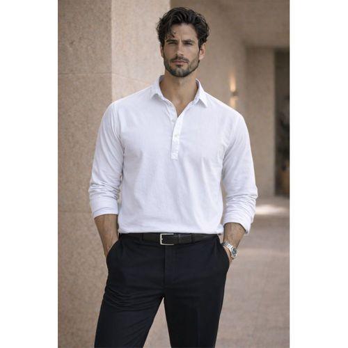 Yarım Pat Yakalı York Pamuk Kumaşlı Uzun Kollu Erkek Gömlek - Beyaz