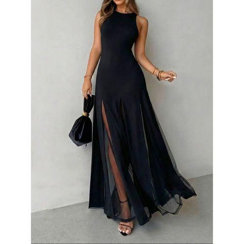 Kadın Askılı Bisiklet Yaka Etek Ucu Tül Detaylı Asimetrik Kiloş Uzun Ithal Krep Elbise