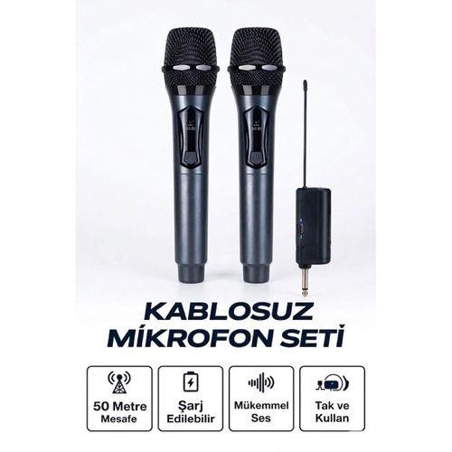 Profesyonel Çiftli Kablosuz Mikrofon Seti Karaoke Şarj Edilebilir 50 Metre