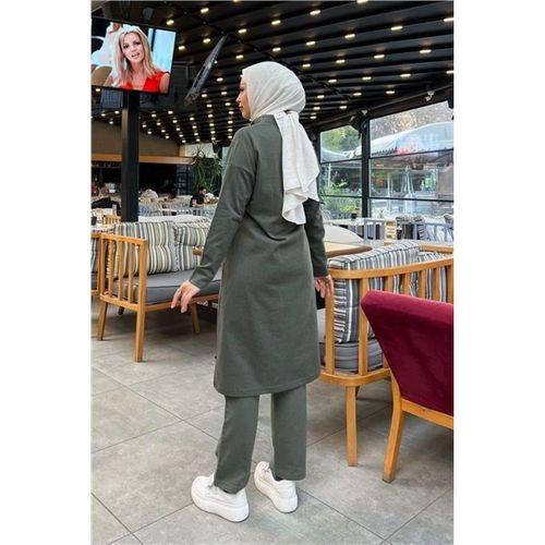 Göğüsten Detaylı Fermuarlı Sade Basic Eşofman Spor İkili Takım - 03063.005 - Haki
