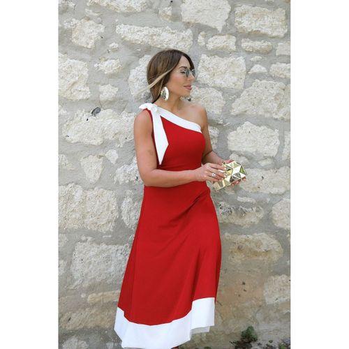 Kadın Tek Omuzu Açık Omuzlardan Kurdela Detaylı çift Renkli Ithal Krep Elbise
