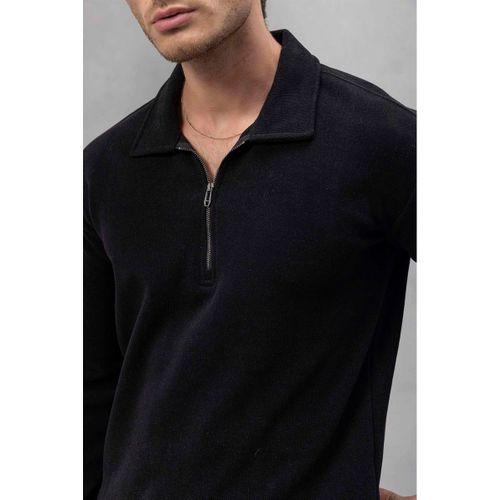 Eric Relax Fit Yarım Fermuarlı Polo Yaka Selanik Kumaş Erkek Sweatshirt - Siyah