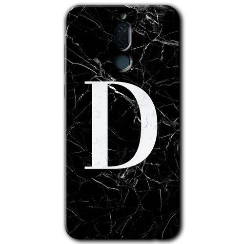 MRCİLETİSİM Huawei Mate 10 Lite Kılıf HD Desen Baskılı Arka Kapak + Temperli Cam - Siyah Mermer Desenli D Harfi
