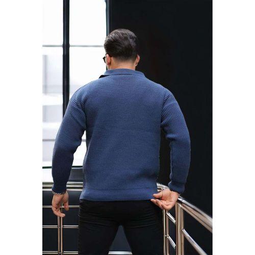 Oversize Gömlek Polo Yaka Selanik Örgülü Erkek Triko Kazak - İndigo